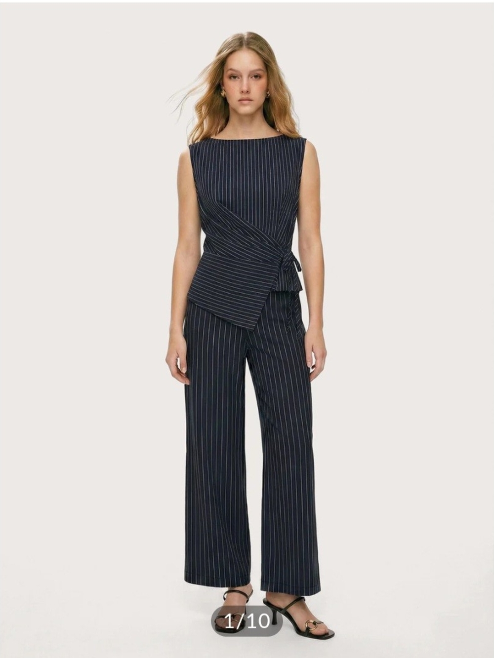 NWT Commense Navy Pinstripe Wrap Tie Top & Wide-Leg Pants Set, XS